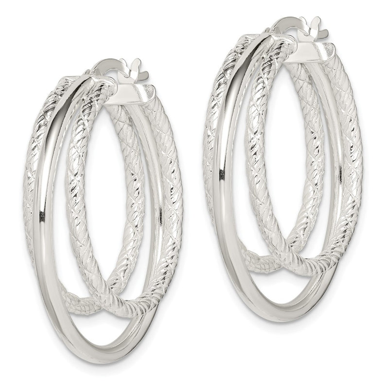 Sterling Silver Textured And Polished Triple Hoop Earrings