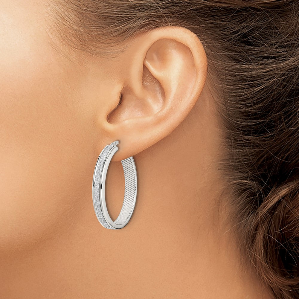 Sterling Silver Rhod-Pltd Glitter Infused 4.5X30mm Round Hoop Earrings