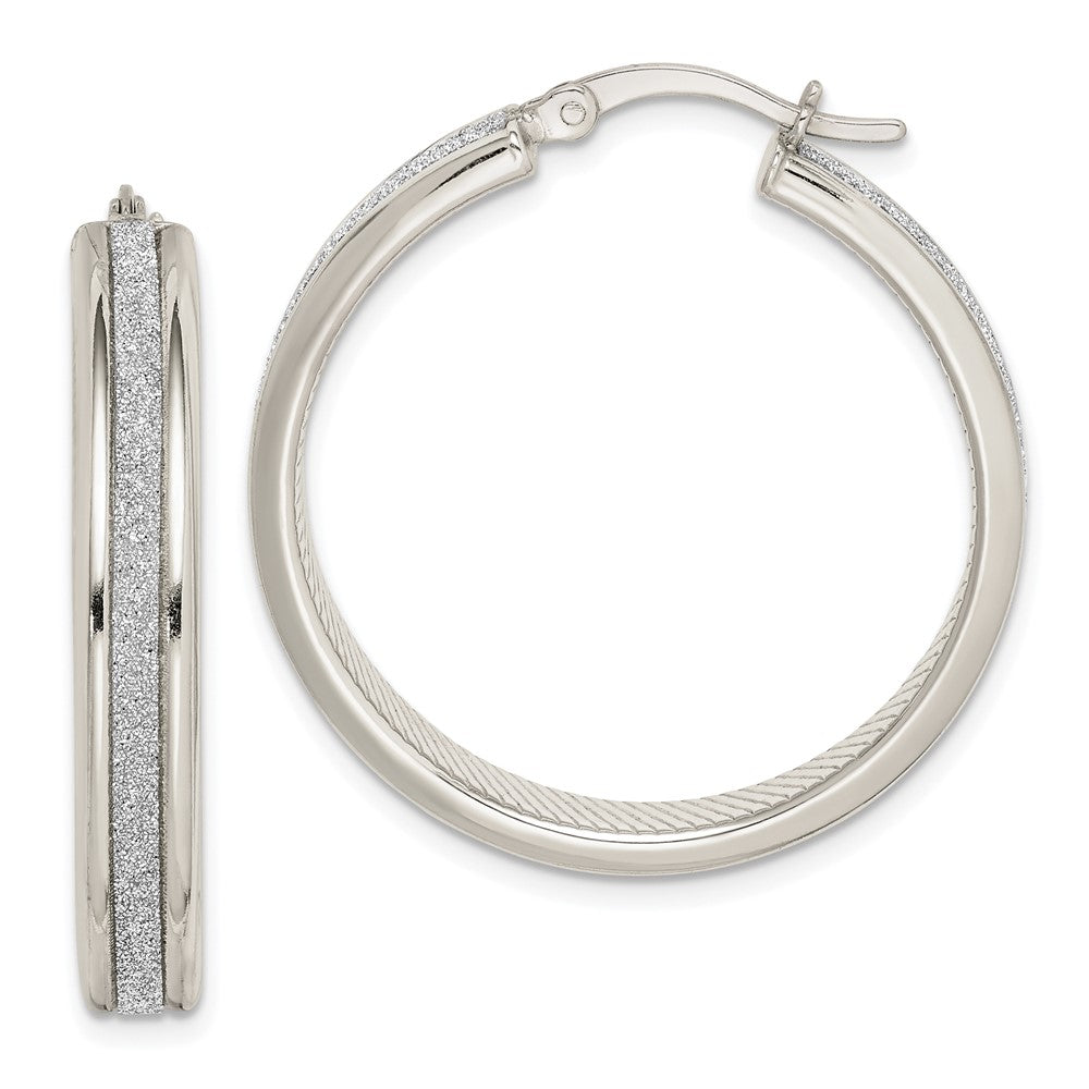 Sterling Silver Rhod-Pltd Glitter Infused 4.5X30mm Round Hoop Earrings