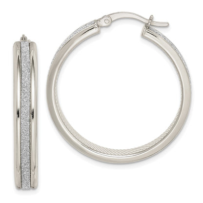 Sterling Silver Rhod-Pltd Glitter Infused 4.5X30mm Round Hoop Earrings