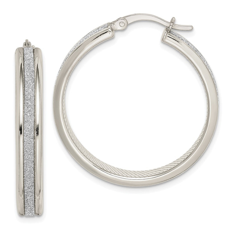 Sterling Silver Rhod-Pltd Glitter Infused 4.5X30mm Round Hoop Earrings
