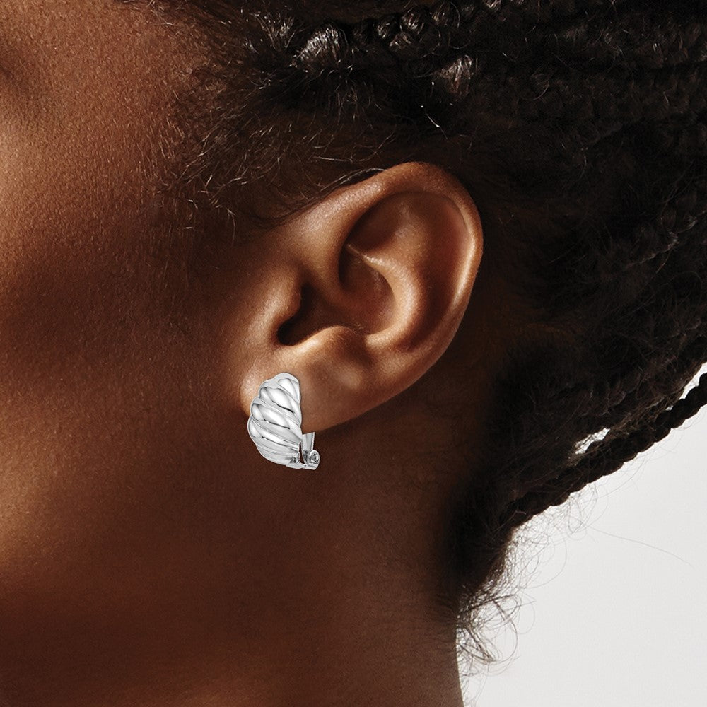 Sterling Silver Rh-Plated Polished Non-Pierced Scalloped Oval Earrings