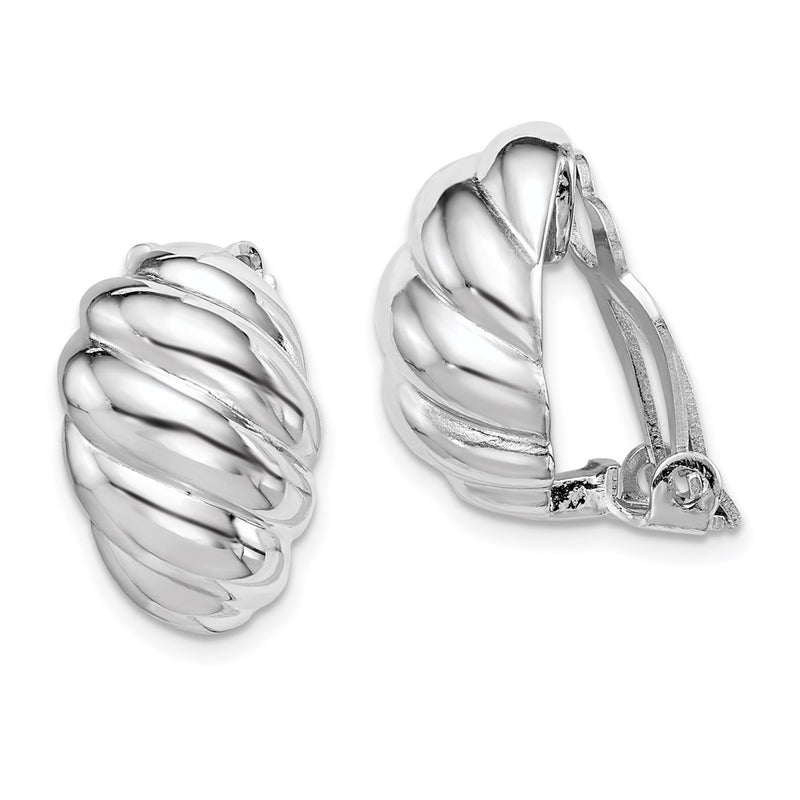 Sterling Silver Rh-Plated Polished Non-Pierced Scalloped Oval Earrings