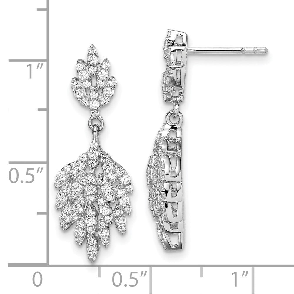 Sterling Silver Rhodium-Plated Cz Leaf Dangle Post Earrings