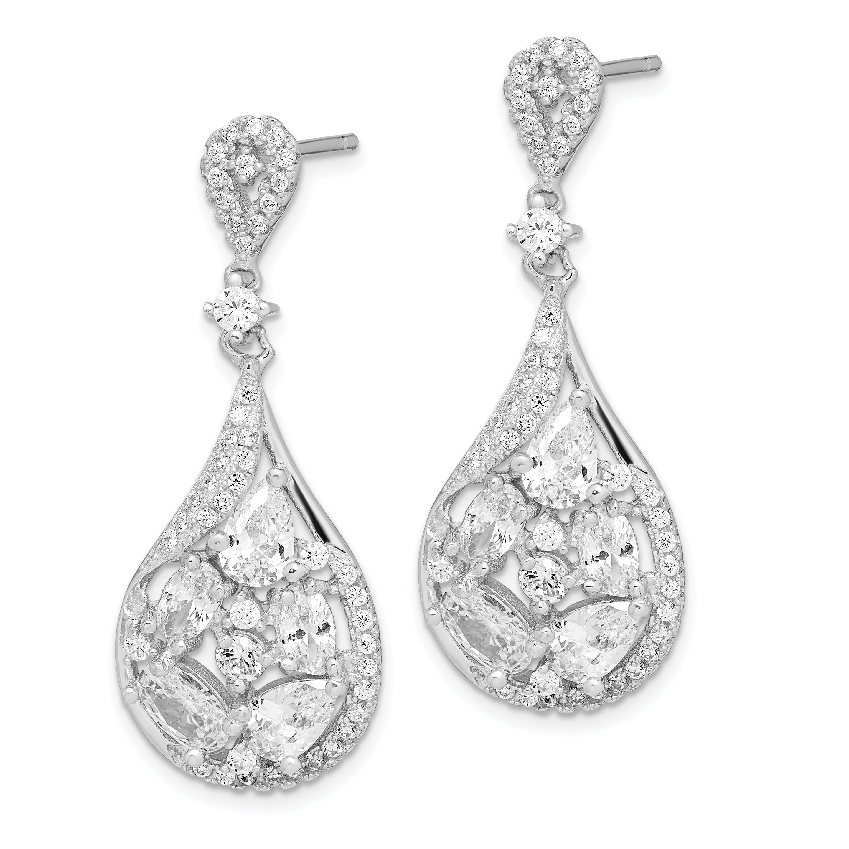 Sterling Silver Rh-Plated Polished Fancy Cz Teardrop Post Dangle Earrings