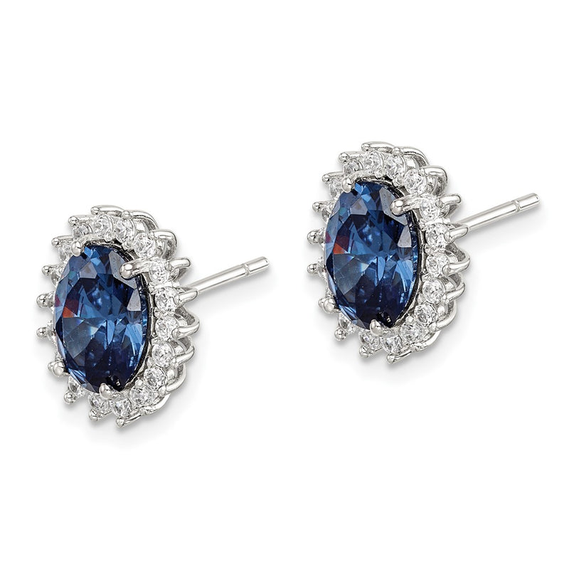 Sterling Silver Rhodium-Plated Blue And Clear Cz Post Earrings