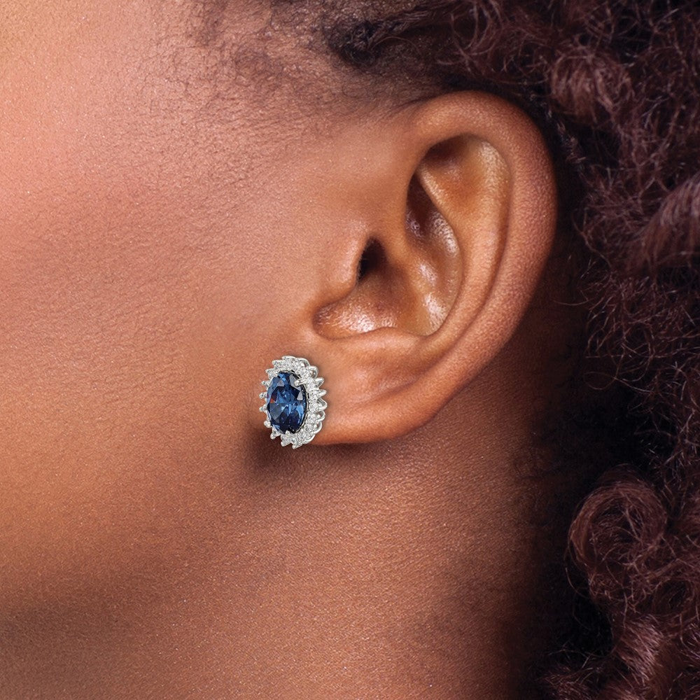 Sterling Silver Rhodium-Plated Blue And Clear Cz Post Earrings