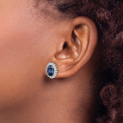Sterling Silver Rhodium-Plated Blue And Clear Cz Post Earrings