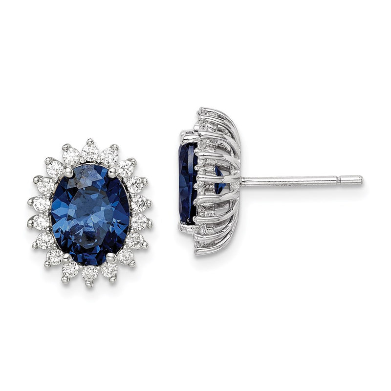 Sterling Silver Rhodium-Plated Blue And Clear Cz Post Earrings