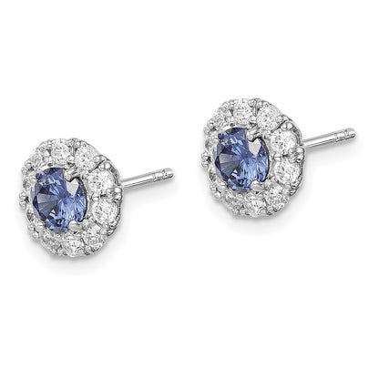 Sterling Silver Rhodium-Plated Blue And White Cz Halo Post Earrings
