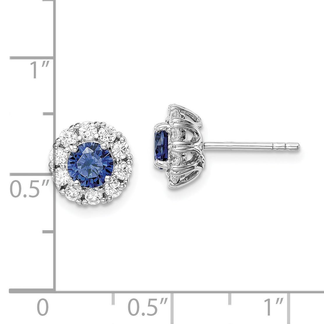 Sterling Silver Rhodium-Plated Blue And White Cz Halo Post Earrings