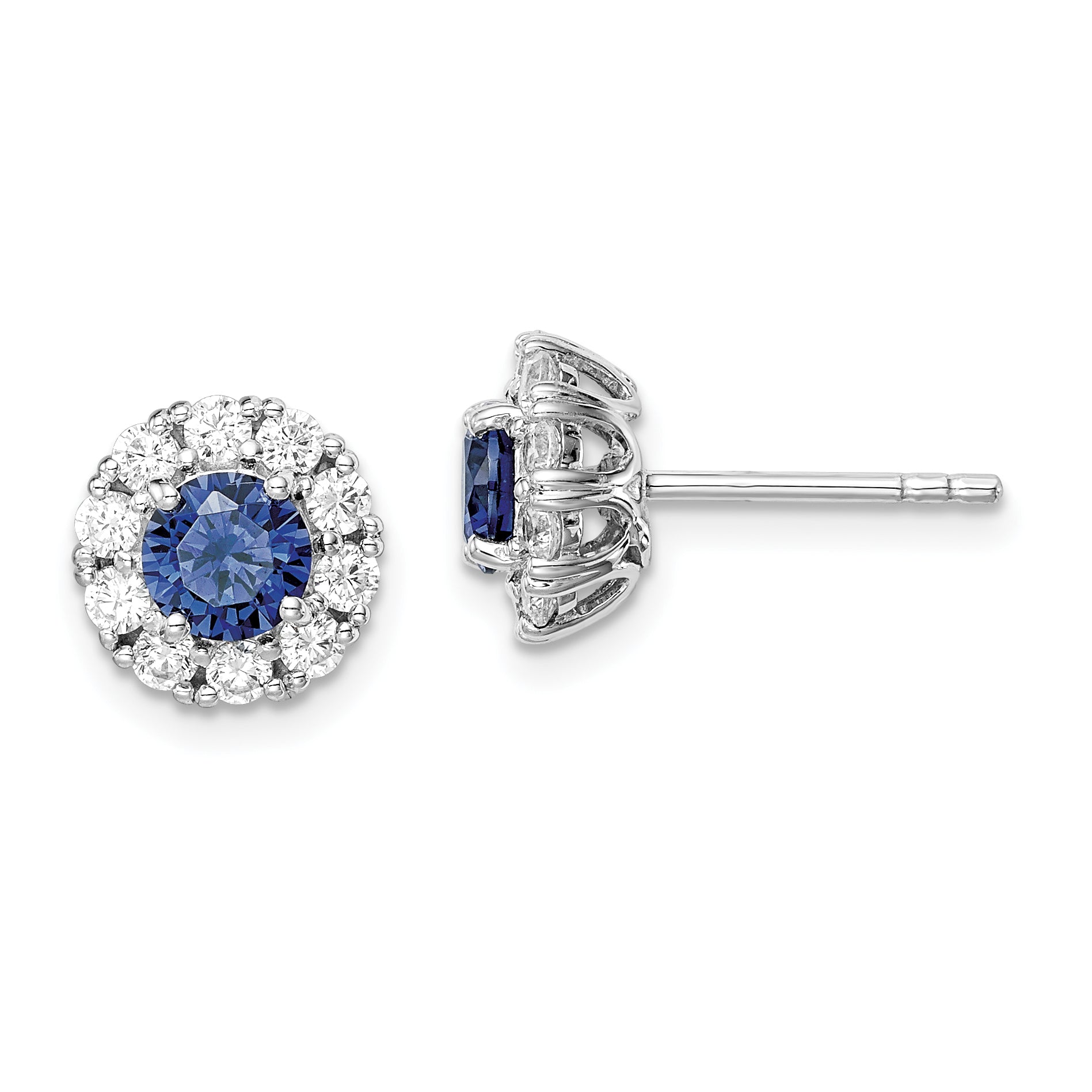 Sterling Silver Rhodium-Plated Blue And White Cz Halo Post Earrings