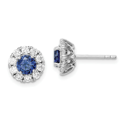 Sterling Silver Rhodium-Plated Blue And White Cz Halo Post Earrings