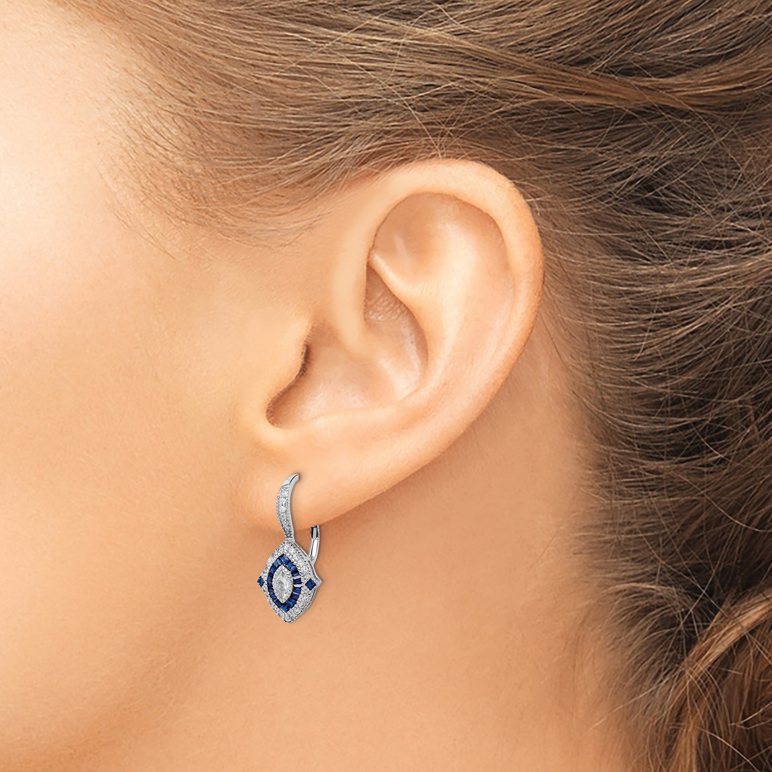 Sterling Silver Rhodium-Plated Cz And Synthetic Blue Spinel Earrings
