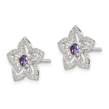 Sterling Silver Purple And Clear Cz Flower Post Earrings