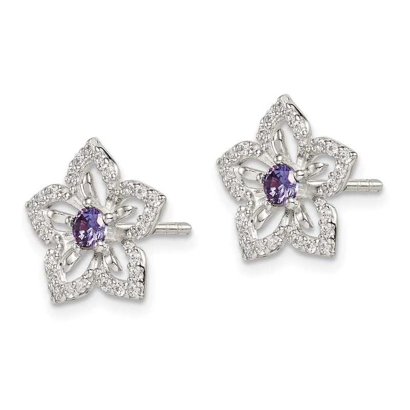 Sterling Silver Purple And Clear Cz Flower Post Earrings