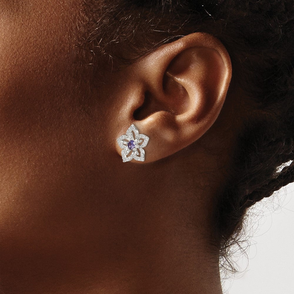 Sterling Silver Purple And Clear Cz Flower Post Earrings