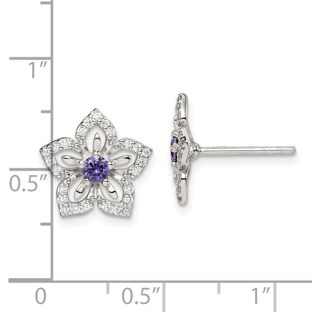 Sterling Silver Purple And Clear Cz Flower Post Earrings