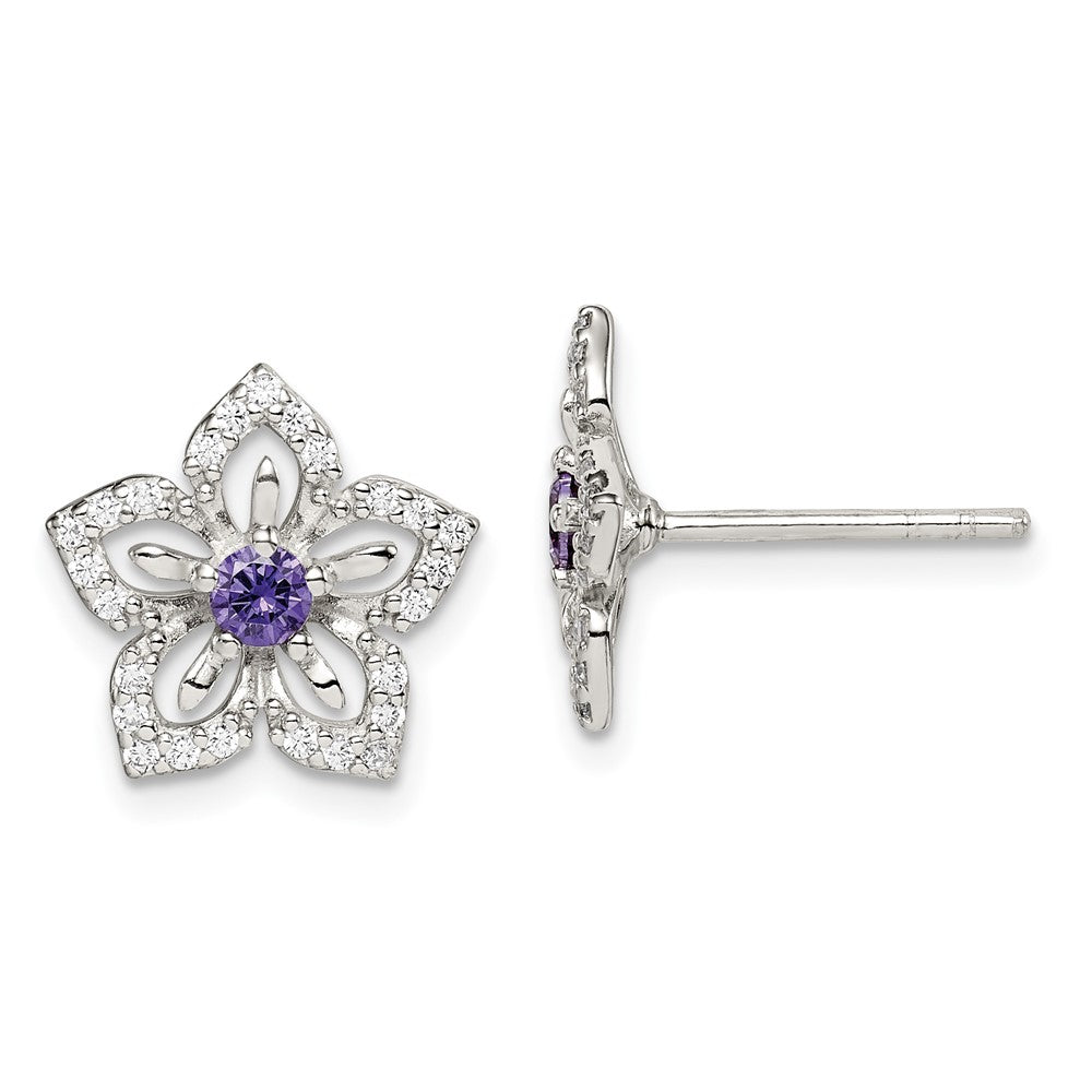 Sterling Silver Purple And Clear Cz Flower Post Earrings