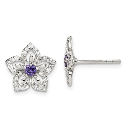 Sterling Silver Purple And Clear Cz Flower Post Earrings