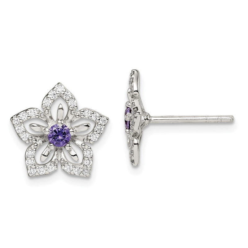 Sterling Silver Purple And Clear Cz Flower Post Earrings