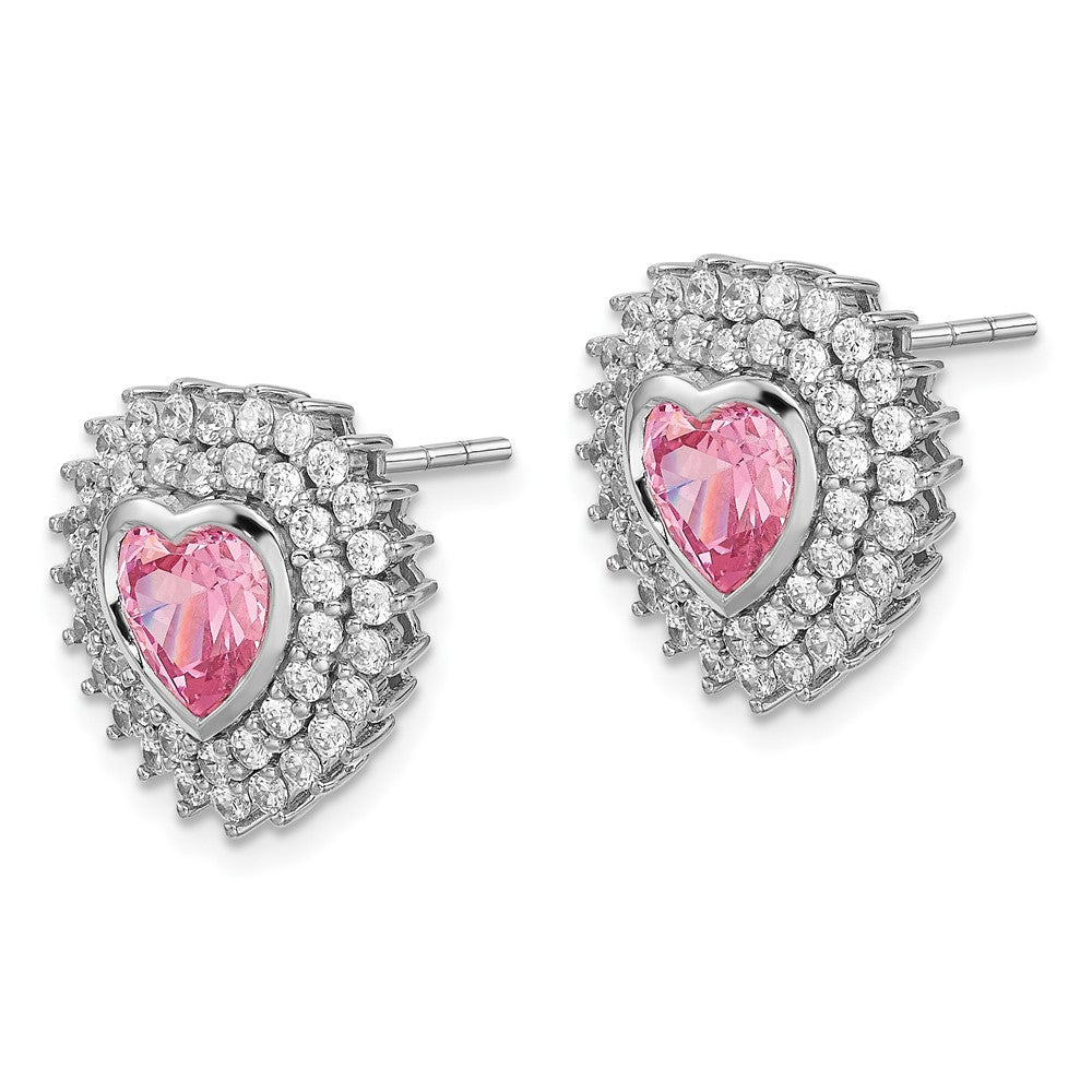 Sterling Silver Rhodium-Plated 6mm Pink Heart Cz Post Earrings