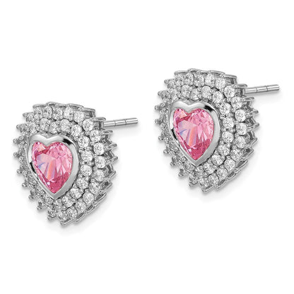 Sterling Silver Rhodium-Plated 6mm Pink Heart Cz Post Earrings
