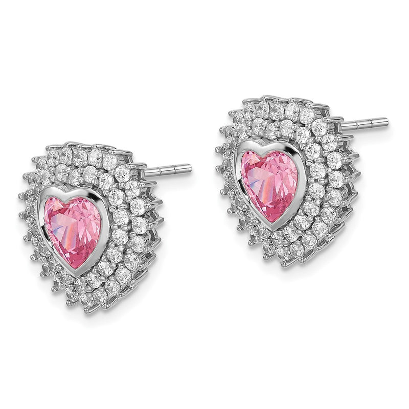 Sterling Silver Rhodium-Plated 6mm Pink Heart Cz Post Earrings