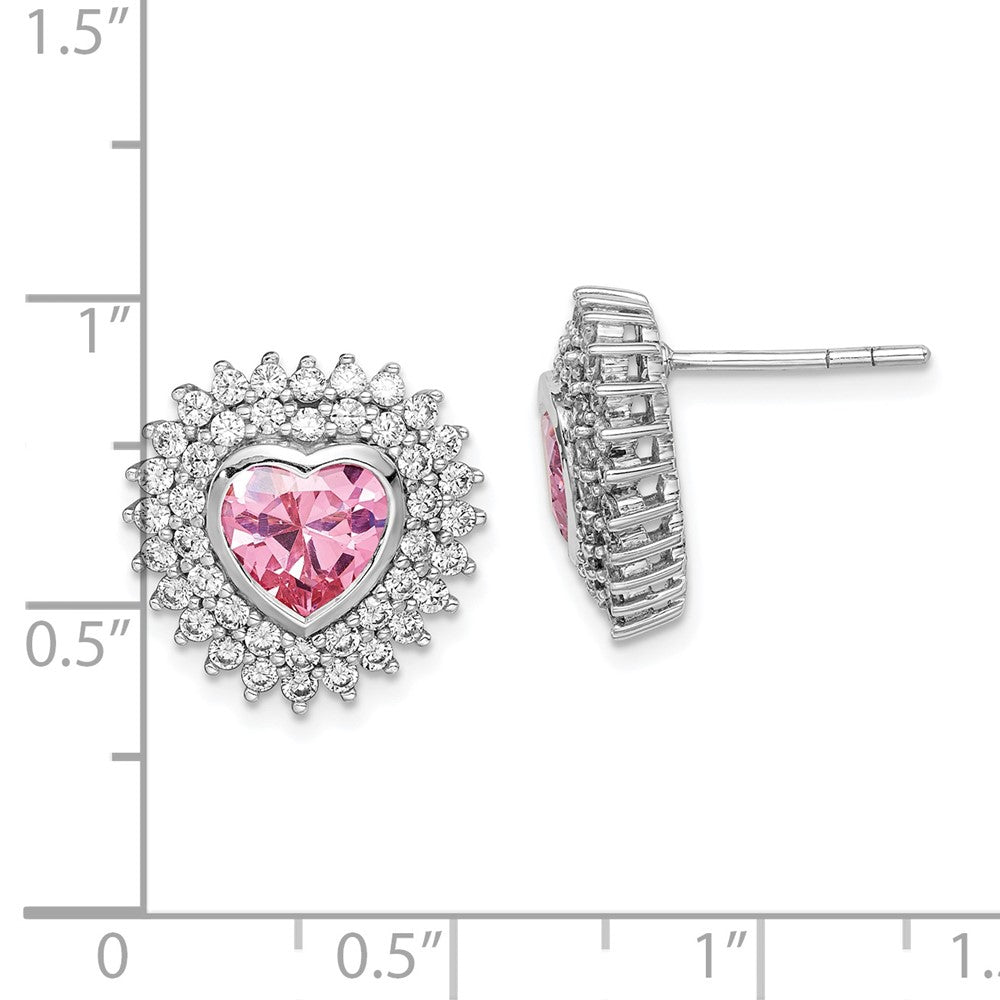 Sterling Silver Rhodium-Plated 6mm Pink Heart Cz Post Earrings