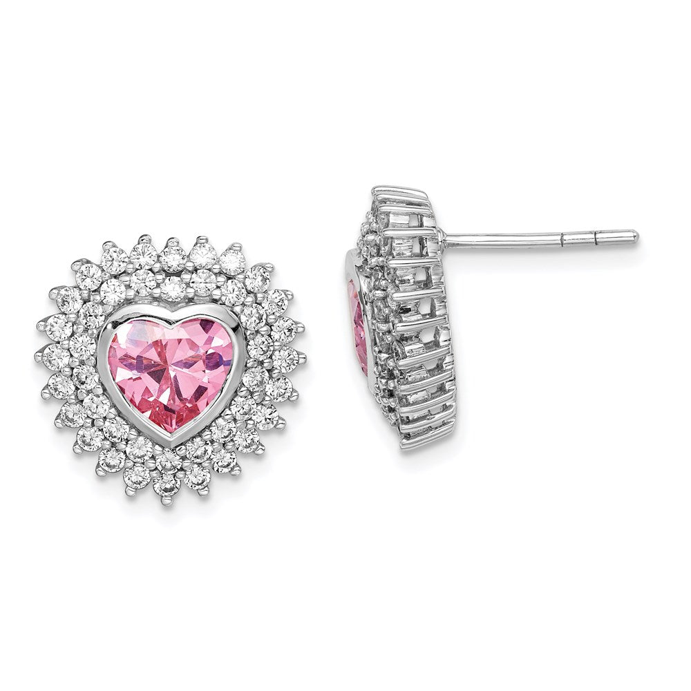 Sterling Silver Rhodium-Plated 6mm Pink Heart Cz Post Earrings
