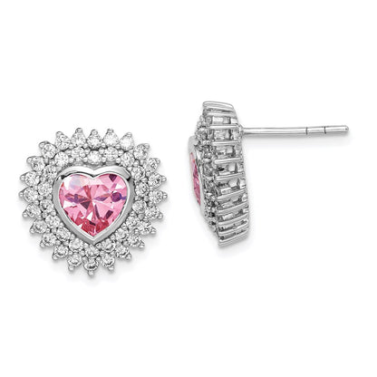 Sterling Silver Rhodium-Plated 6mm Pink Heart Cz Post Earrings