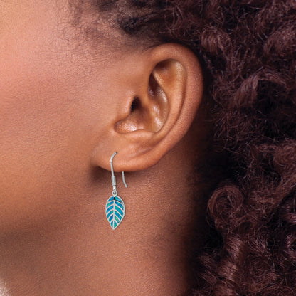 Sterling Silver Rhod-Plated Creat Blue Opal Inlay Leaf Dangle Earrings