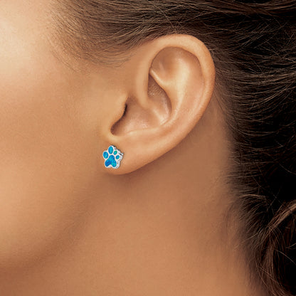 Sterling Silver Rhod-Plated Creat Blue Opal Paw Print Post Earrings