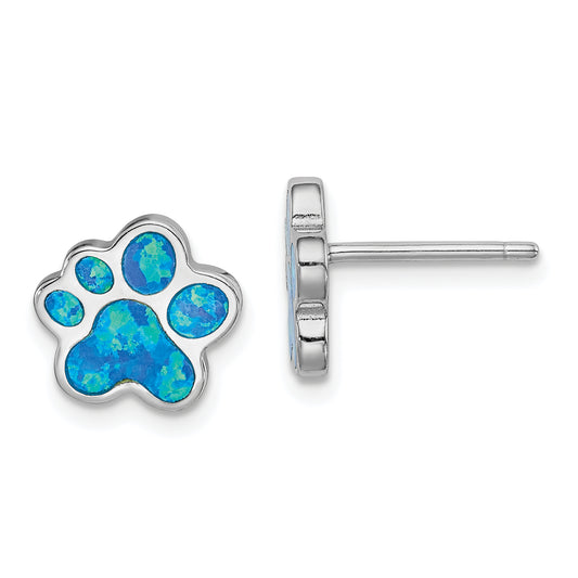 Sterling Silver Rhod-Plated Creat Blue Opal Paw Print Post Earrings