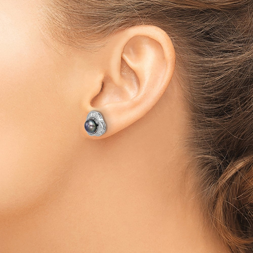 Sterling Silver Polished Black 6-7mm Freshwater Cultured Pearl And White Topaz Post Earrings