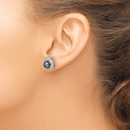 Sterling Silver Polished Black 6-7mm Freshwater Cultured Pearl And White Topaz Post Earrings