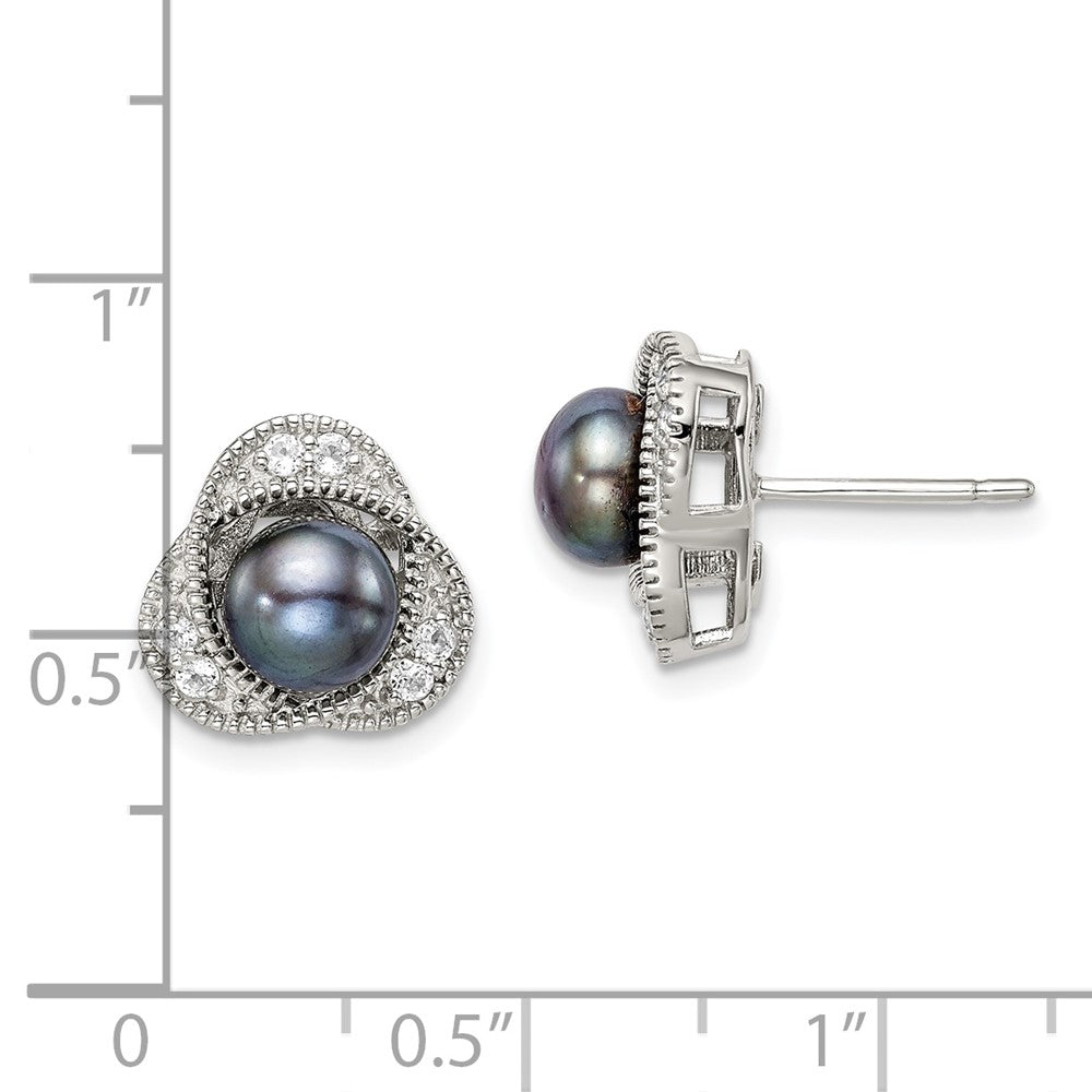 Sterling Silver Polished Black 6-7mm Freshwater Cultured Pearl And White Topaz Post Earrings
