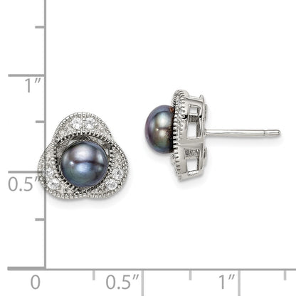 Sterling Silver Polished Black 6-7mm Freshwater Cultured Pearl And White Topaz Post Earrings