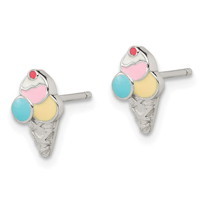 Sterling Silver Rhodium-Plated Polished & Textured Multi-Color Enameled Ice Cream Cone Children'S Post Earrings