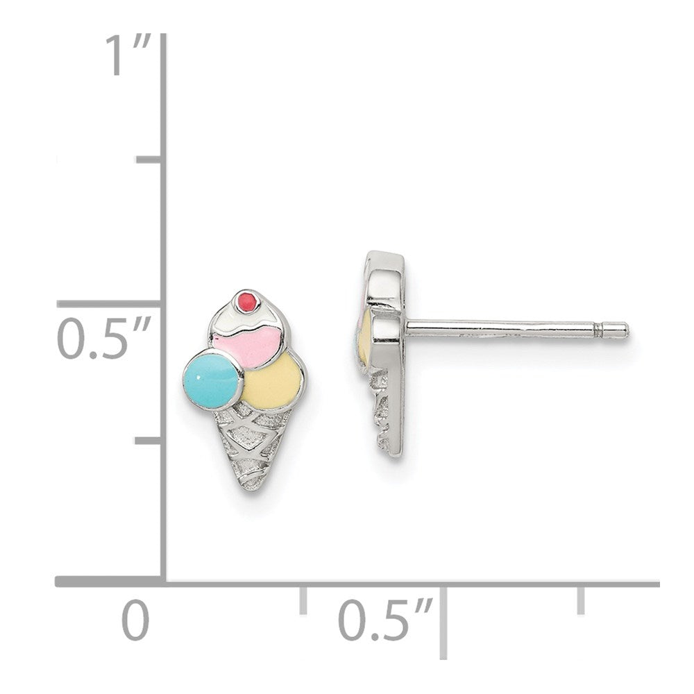 Sterling Silver Rhodium-Plated Polished & Textured Multi-Color Enameled Ice Cream Cone Children'S Post Earrings