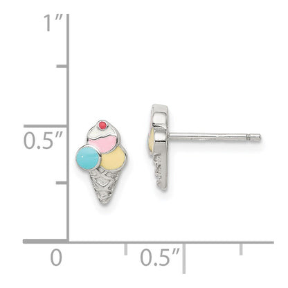 Sterling Silver Rhodium-Plated Polished & Textured Multi-Color Enameled Ice Cream Cone Children'S Post Earrings