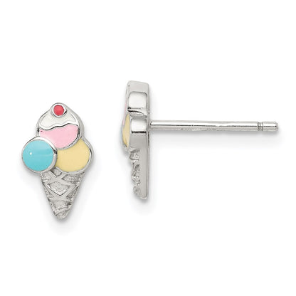 Sterling Silver Rhodium-Plated Polished & Textured Multi-Color Enameled Ice Cream Cone Children'S Post Earrings