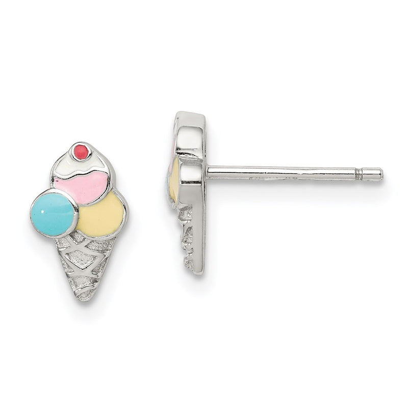 Sterling Silver Rhodium-Plated Polished & Textured Multi-Color Enameled Ice Cream Cone Children'S Post Earrings