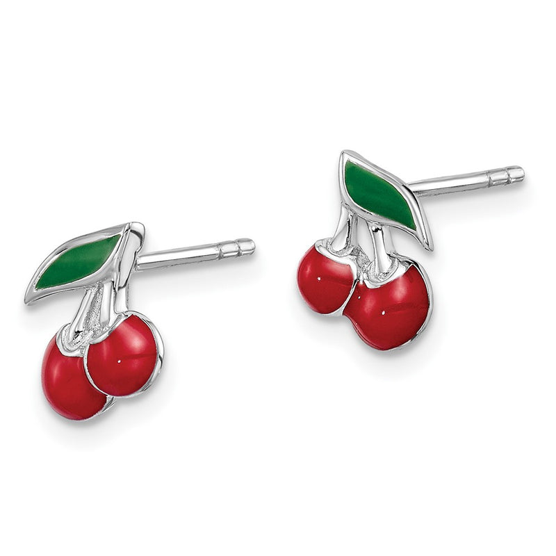Sterling Silver Rhodium-Plated Polished Red & Green Enameled Cherries Children'S Post Earrings