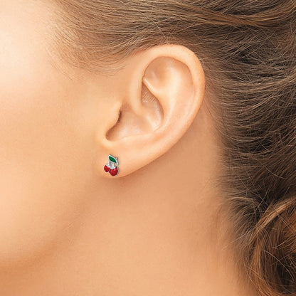 Sterling Silver Rhodium-Plated Polished Red & Green Enameled Cherries Children'S Post Earrings