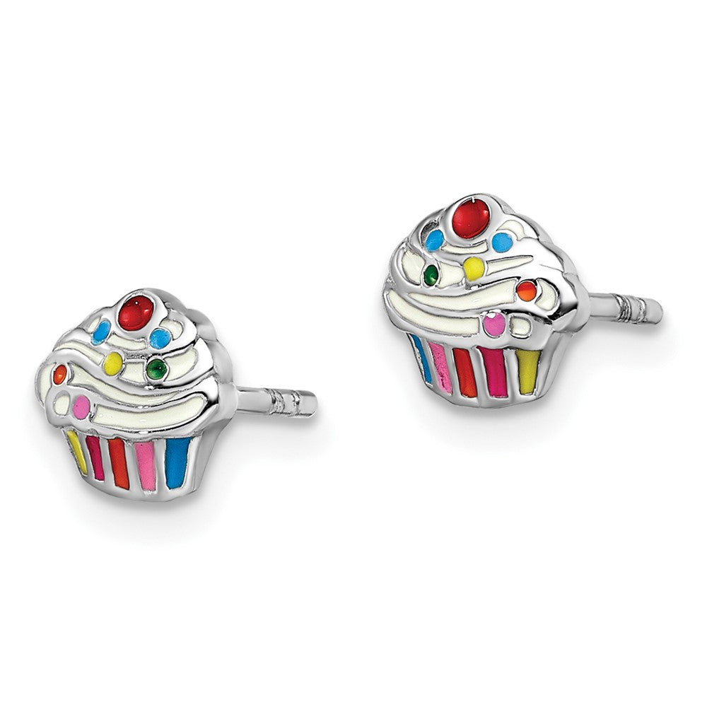 Sterling Silver Rhodium-Plated Polished & Multi-Color Enameled Cupcake Children'S Post Earrings