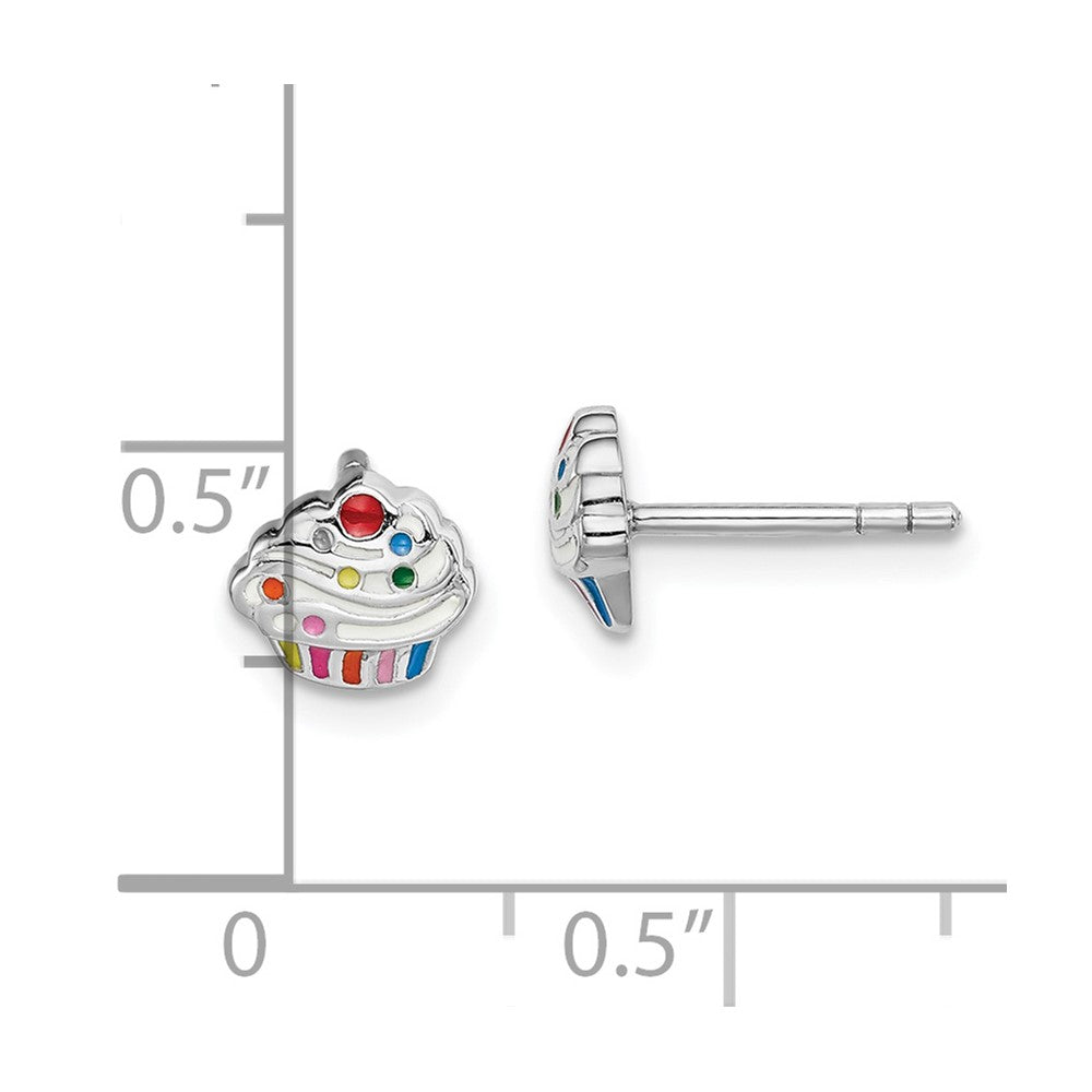Sterling Silver Rhodium-Plated Polished & Multi-Color Enameled Cupcake Children'S Post Earrings