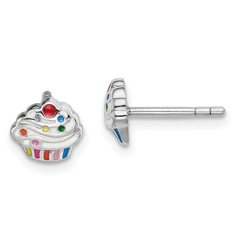 Sterling Silver Rhodium-Plated Polished & Multi-Color Enameled Cupcake Children'S Post Earrings
