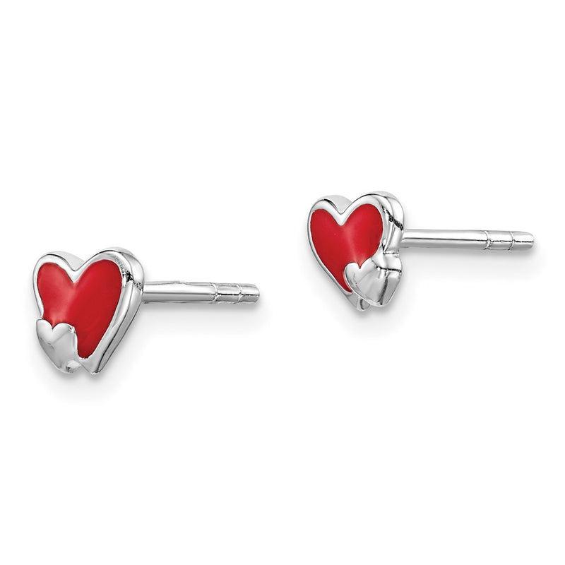 Sterling Silver Rhodium-Plated Polished Red Enameled Double Heart Children'S Post Earrings