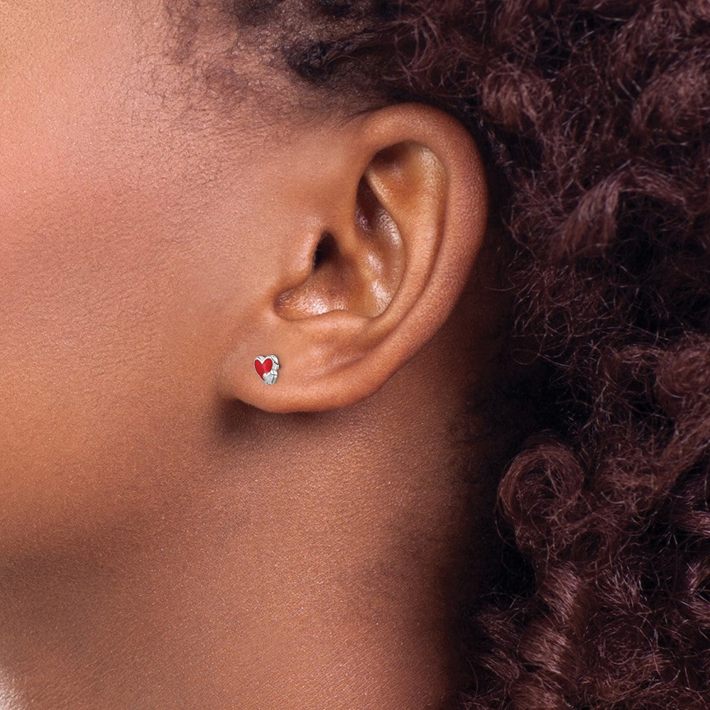 Sterling Silver Rhodium-Plated Polished Red Enameled Double Heart Children'S Post Earrings